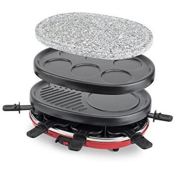 H.Koenig Raclette 8 Personas 4 en 1, Plancha con Piedra Natural, Grill, Crepera, 900 W, Rojo, Negro RP412, Acero Inoxidable
