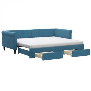 Sofá cama nido extraíble con cajones en terciopelo azul 90x200 cm