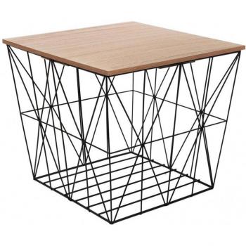Mesa Auxiliar Cuadrada de Metal con Varilla Negra y Superficie de Madera