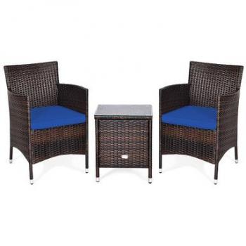 Outdoor 3-Piece Navy Cushioned Rattan Wicker Patio Conversation Set