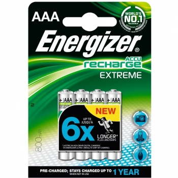 Energizer - Recargables, Pack de 4 pilas AAA 800 mAh, precargada, para dispositivos uso frecuente y cientos de recargas