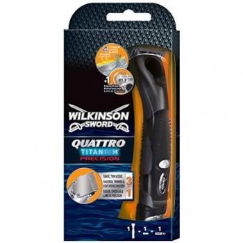 Wilkinson Sword Quattro Titanium Precision - Maquinilla de Afeitar Recargable con 4 Hojas de Titanio + 1 Cuchilla de Precisión y Recortadora Eléctrica