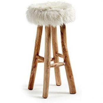Kave Home - Taburete Alto de Bar Numa 76 cm con Asiento de Pelo Blanco y Estructura de Madera Maciza de Teca