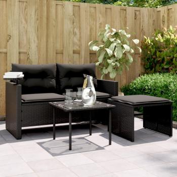 Set de sofás de jardín de Polyrattan negro con cojines, 3 piezas
