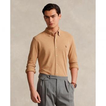 Polo Ralph Lauren Men's Long Sleeved Shirt in Beige, Slim Fit, Button-Down Collar, Featherweight Fabric