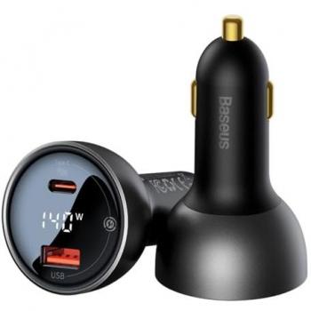 Cargador de coche Baseus 140W PD3.1 con carga rápida QC3.0, 1xUSB-A y 1xUSB-C, compatible con Macbook Pro y otros dispositivos USB Type C, color negro