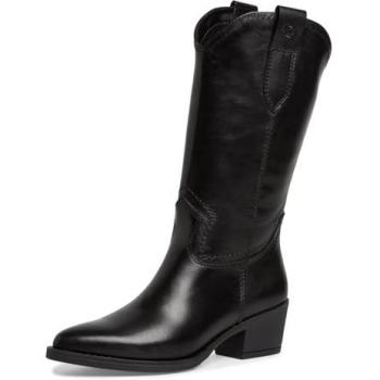 Botas de mujer Tamaris negras con tacón bloque, caña larga y costuras decorativas, talla 37