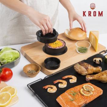 Kit de Prensa de Hamburguesas con Esterilla Antiadherente - Burger Chef de Krom - Exclusivos Videos online con recetas - Molde Antiadherente 3-en-1 con para rellenar hamburguesas y mini hamburguesas - Incluye 50 papeles encerados