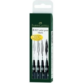Faber-Castell Pitt Artist Pen Black - Estuche de 4 Rotuladores con Punta Surtida en Negro