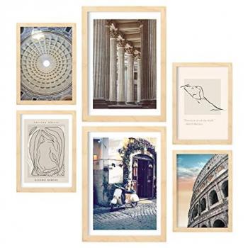Cuadros Decorativos Vintage Roma - 6 Pósters Fotográficos para Decorar Interiores - Láminas Artísticas Colgantes en A3 y A4 con Marco de Madera Clara MDF