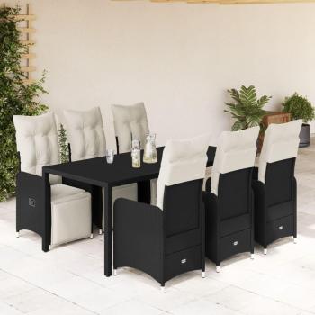 7-Piece Black Poly Rattan Garden Bistro Set with Cushions