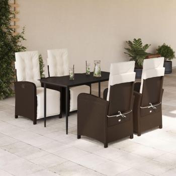5-Piece Brown Poly Rattan Garden Dining Set with Cushions