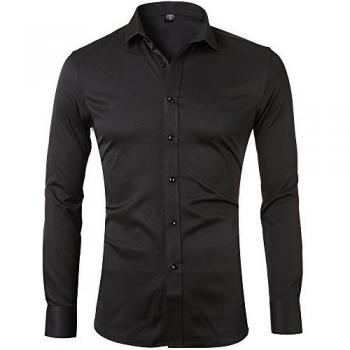 Camisa Bambú Fibra Hombre, Manga Larga, Slim Fit, Camisa Elástica Casual/Formal para Hombre, Negro, 39