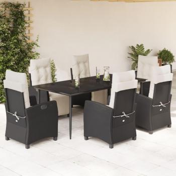 7-Piece Black Poly Rattan Garden Dining Set with Cushions
