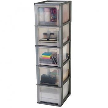 Iris Ohyama Organizer Chest OCH-2500, Torre de Almacenamiento con 5 cajones Chest-OCH-2500, plástico, Plata/Transparente, 65 L, 26 x 35,5 x 99,5 cm, Gris, 5 x 13 L