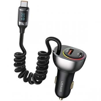 Adaptador de Coche Usams C37 con 1xUSB y 1xUSB-C, 60W + Cable USB-C 30W PD+QC Carga Rápida Negro