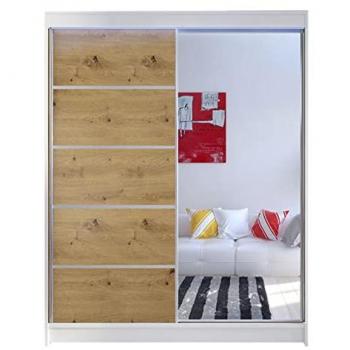 Armario Corredero Atlanta 143, Blanco y Roble Artisan, 200x150x58cm, con Espejo y LED, 5 Estantes