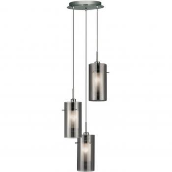 Lámpara colgante 3 bombillas Duo2 en cromo y vidrio, características: diseño moderno, acabado en cromo brillante, pantallas de vidrio humo, forma redonda, tres luces para iluminación eficiente