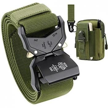 BESTKEE Cinturón táctico para Hombres, 3.8cm Cinturón Resistente, Cinturón Nylon Hebilla de Metal de Liberación Rápida, Regalo con Bolsa Táctica Molle y Gancho