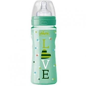 Chicco Wellbeing - Biberón con tetina de silicona y flujo rápido para bebé de 4 meses en adelante, 330 ml, color verde, 1 unidad, modelo surtido