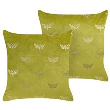 Conjunto de 2 cojines de terciopelo verde claro con patrón de mariposas, 45 x 45 cm, funda removible con relleno