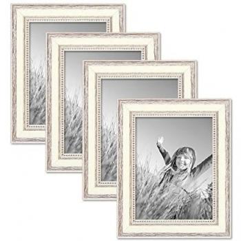 Photolini Juego de 4 Marcos 15x20 cm Blancos, Estilo casa Rural, Madera Maciza con Cristal y Accesorios/Marco de Fotos/añejo Chic