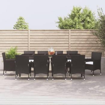 Set de almuerzo de jardín 11 piezas con almohadas de polyrattan negro