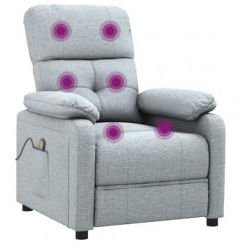 Sillón de masaje reclinable tapizado en tela gris claro con respaldo y reposabrazos, ideal para salón