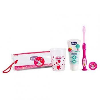 Chicco - Set cepillo de viaje: cepillo d edientes + pasta + estuche + vaso, color rosa