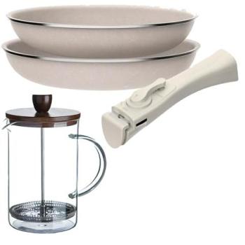 Juego de 2 Sartenes San Ignacio Ø24Ø28cm Aluminio Prensado Antiadherente con Mango Extraíble + Delantal de Cocina Gris Oscuro 100% Algodón 75x80cm