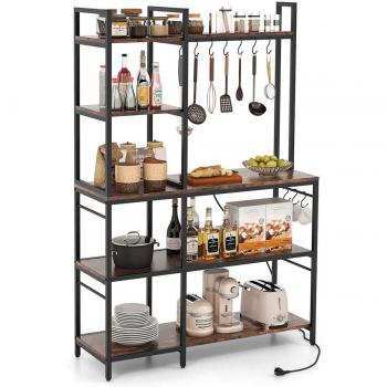 5-Tier Brown Bakers' Rack with Power Outlets and 10 Hooks