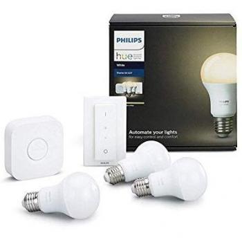 Philips Hue White - Set de 3 bombillas LED E27 con puente e interruptor, 9.5 W, iluminación inteligente, luz blanca cálida regulable, compatible con Apple Homekit y Google Home