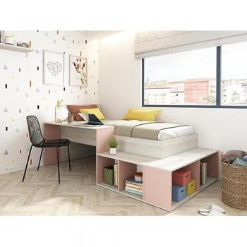 Cama multifuncional 90 x 200 cm con compartimentos y escritorio - Color: natural y rosa - RIGALI