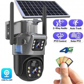 Cámara Exterior 4G SIM 8MP WiFi con Panel Solar V380, Doble Lente, AI, Seguimiento Automático, Visión Nocturna, Audio Bidireccional, Protección de Seguridad CCTV