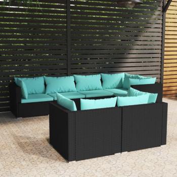 7-Piece Black Poly Rattan Garden Lounge Set with Cushions