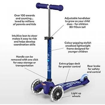 Micro® Mini Deluxe LED, Original Design 2-5 Años, Peso 1,95kg, Carga Máx 50Kg, Altura 48-68 cm, Patinete 3 Ruedas con iluminación LED, Rodamientos ABEC9, Plataforma Antideslizante
