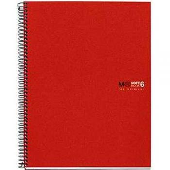 Miquelrius - Cuaderno Espiral Microperforado, Cubierta Polipropileno Opaco, Tamaño A5 148 x 210 mm, 2 Taladros, 150 Hojas de 70 g/m² y 6 Franjas de Color, Cuadrícula de 5 mm, color Rojo