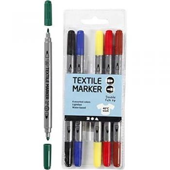 Marcadores Textiles, Doble Punta 2,3+3,6 mm, Colores Estándar, 6 Piezas