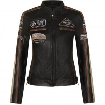 Infinity Leather Women's Biker Jacket with Racing Badges - Black - Size 12 UK