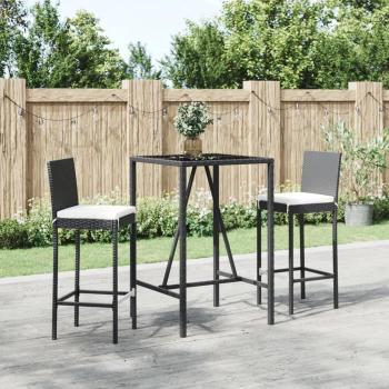 Mesa y taburetes altos de jardín 3 piezas con cojines de ratán PE negro