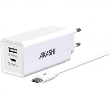 Cargador de pared Akashi ALTGAN65W Universal Blanco 83W (USB-C 65W + USB-A 18W) con Cable USB-C 100W Corriente alterna Carga rápida Interior