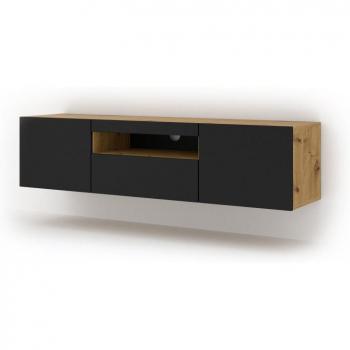 Mueble para TV efecto madera en color crema y negro, 150 cm de largo, diseño universal, acabado roble artesanal y negro mate
