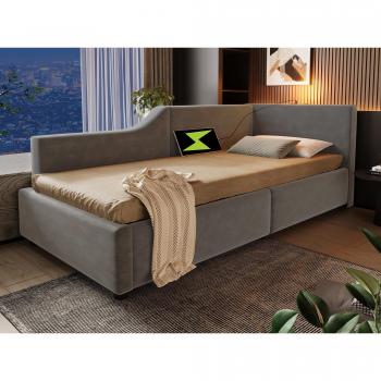Cama contenedor 90x190cm - Sofá cama de terciopelo - Con luz de lectura y puertos USB-C - Con somier a lattes - Gris