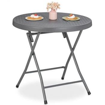Mesa Jardín Plegable Redonda 74 x 80 cm Efecto Ratán Plástico Acero Resistente Intemperie Gris