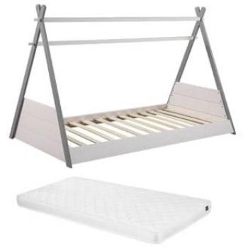 Cama tipi SIOUX - 90 x 190 cm - Pino - Blanco y gris + colchón