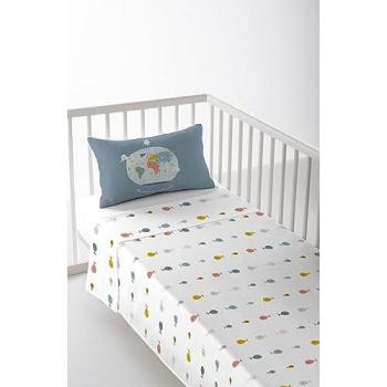 Juego de Sábana Cuna/Maxicuna Infantil Bebé 100% Algodón Mapa Mundí Coordinado Fabricado en España