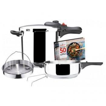 Magefesa Dynamic Duo Set Ollas a Presión Rápida, 2 Piezas de 3 y 6 Litros con Cestillo de Vapor, Soporte y Libro de Recetas