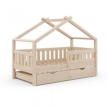 Cama en Forma de Casa Design VitaliSpa, Madera Natural, 80x160 cm con Cama de Invitados