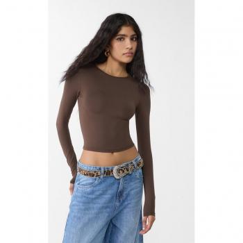 Stradivarius Brown Long Sleeve Polyamide T-Shirt XS