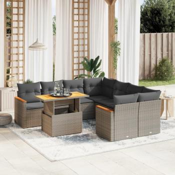 9-Piece Grey Poly Rattan Garden Sofa Set with Cushions